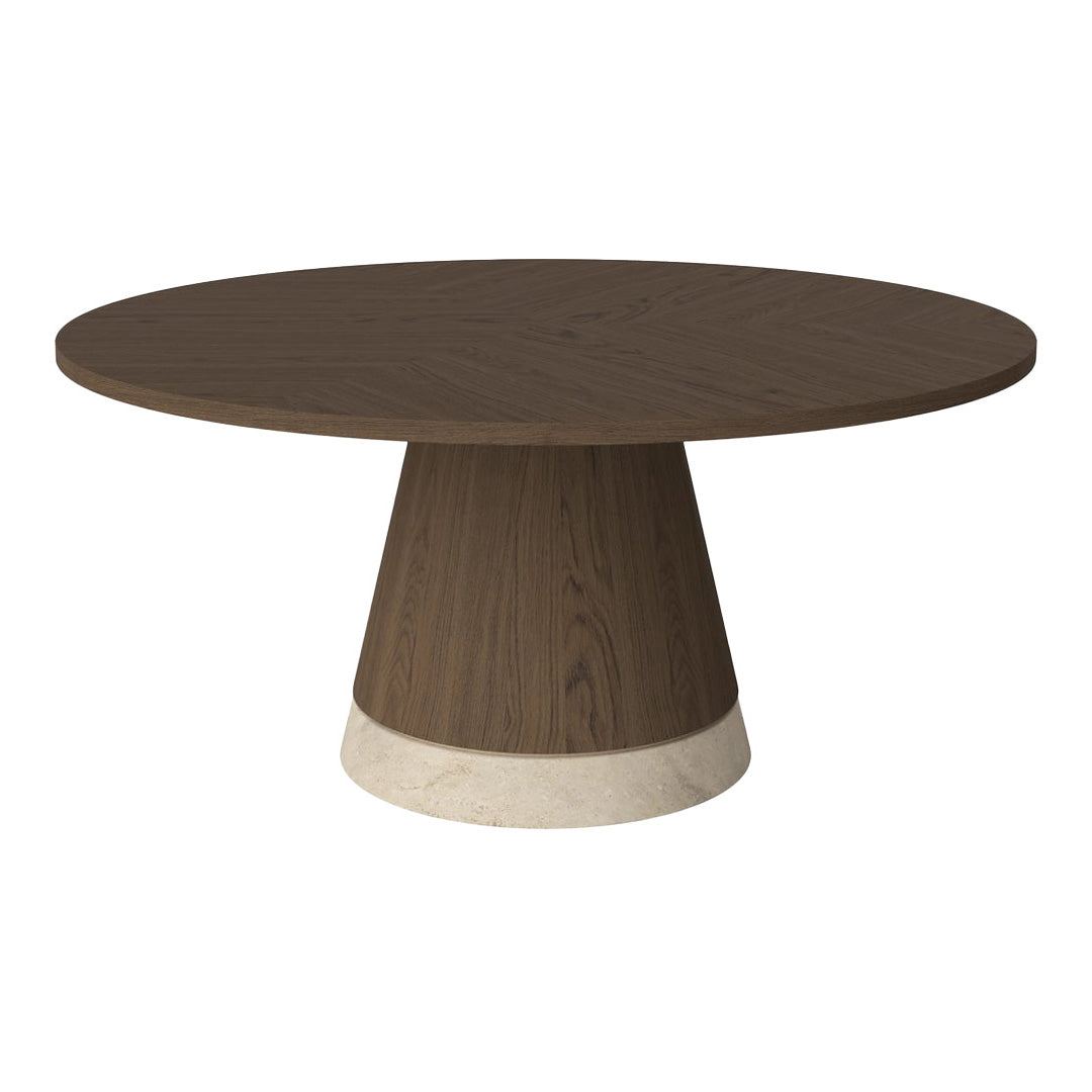 Round dining table with a dark brown wooden top and a contrasting light stone base, featuring a sleek, modern design.