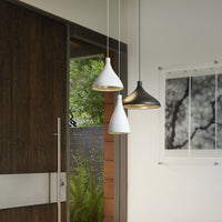 Modern pendant lights in white, matte black, and metallic finishes, showcasing sleek shapes and minimalist design.