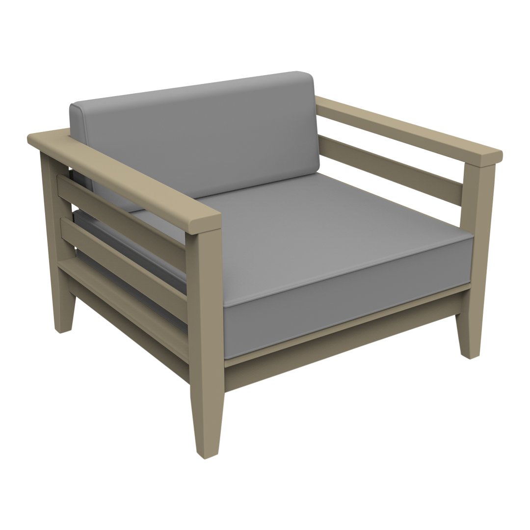 Gray cushion lounge chair with a light beige frame and minimalist slatted design, perfect for modern outdoor spaces.