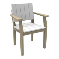 Gray slatted back chair with light gray seat and beige wooden arms, perfect for outdoor or indoor décor.