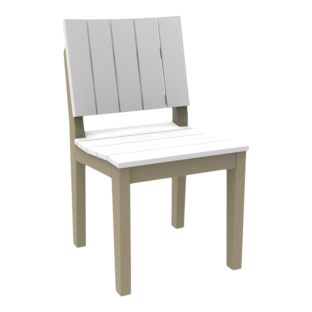 Light gray slatted back chair with a white seat and beige legs, perfect for modern outdoor decor.