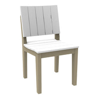 Light gray slatted back chair with a white seat and beige legs, perfect for modern outdoor decor.