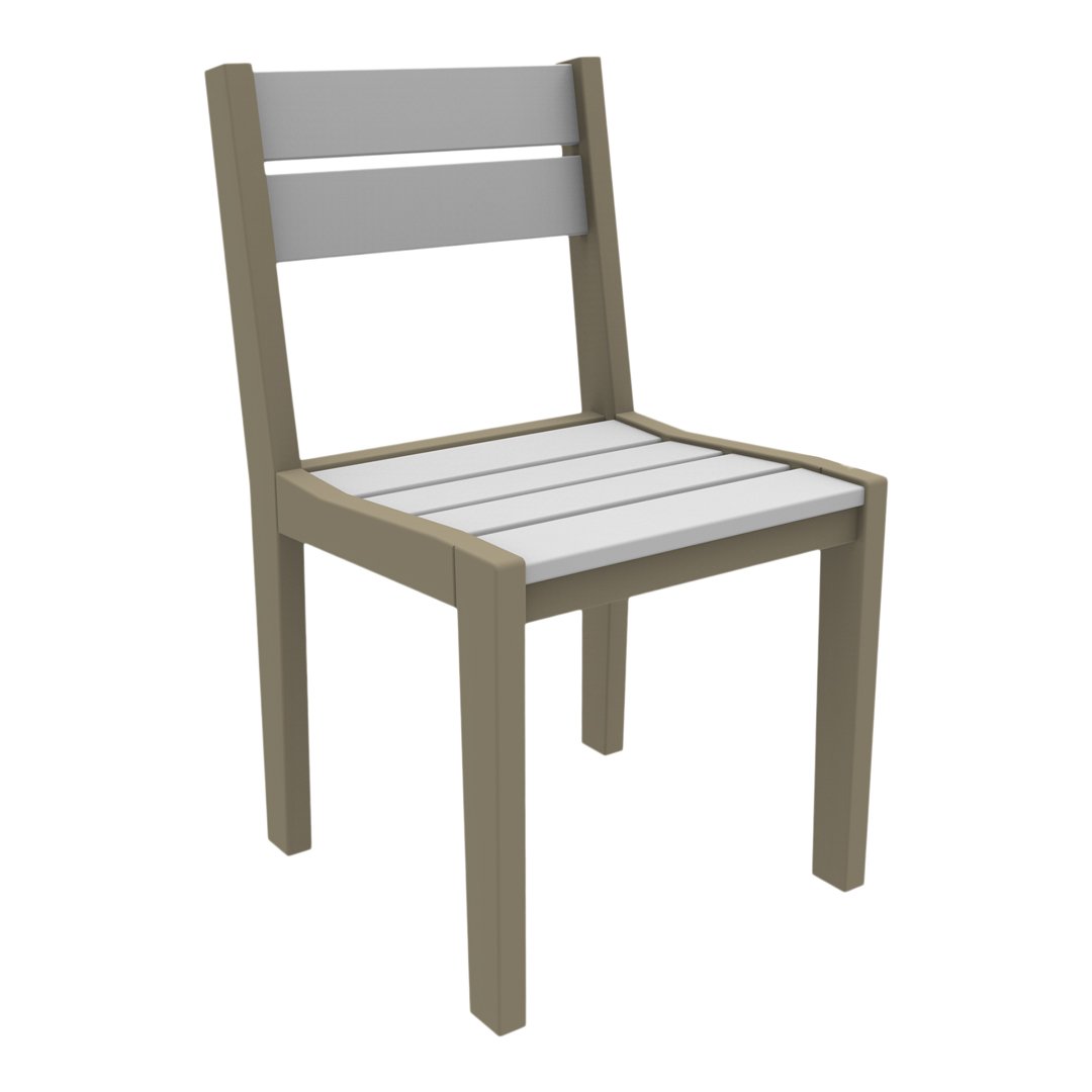 Gray and beige wood chair featuring a slatted seat and backrest for a modern outdoor aesthetic.