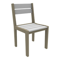 Gray and beige wood chair featuring a slatted seat and backrest for a modern outdoor aesthetic.
