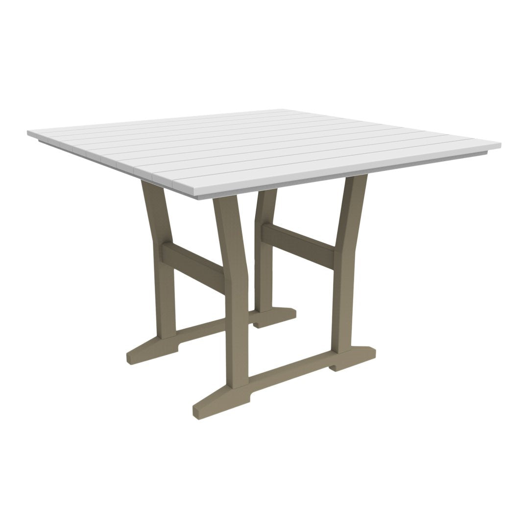 White slatted tabletop with a beige, cross-legged frame, perfect for outdoor dining.