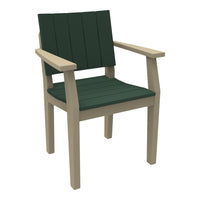 Green slatted chair seat and backrest with light wood frames. Modern outdoor seating with a sleek, minimalist design.
