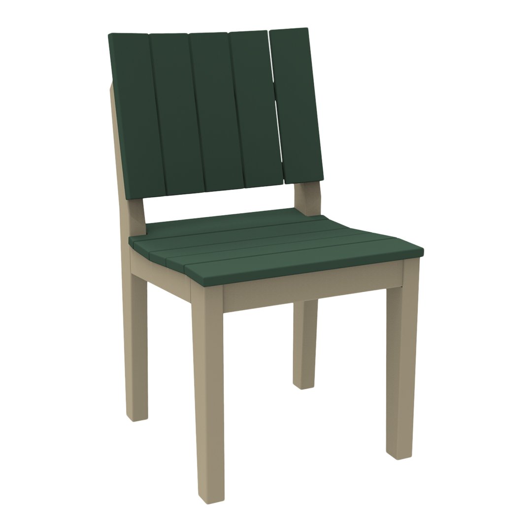 Green slatted chair with a beige frame, featuring a simple and modern design. Perfect for outdoor or indoor use.