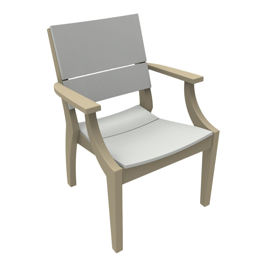 Light gray wooden chair with a sleek design and soft white seat cushion, perfect for modern outdoor settings.