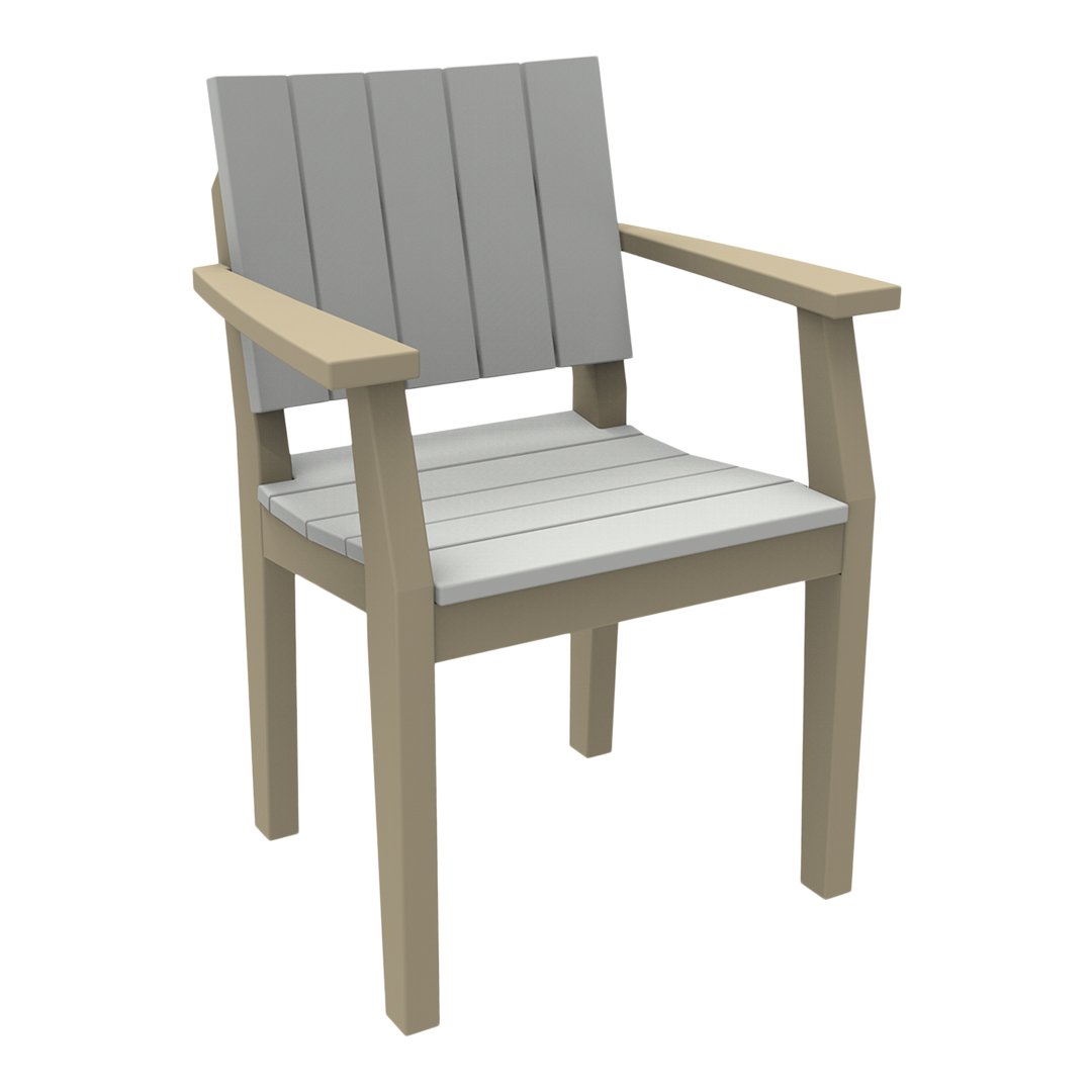 Gray slatted seat and backrest with light brown wooden armrests and legs, perfect for outdoor settings.