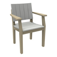 Gray slatted seat and backrest with light brown wooden armrests and legs, perfect for outdoor settings.