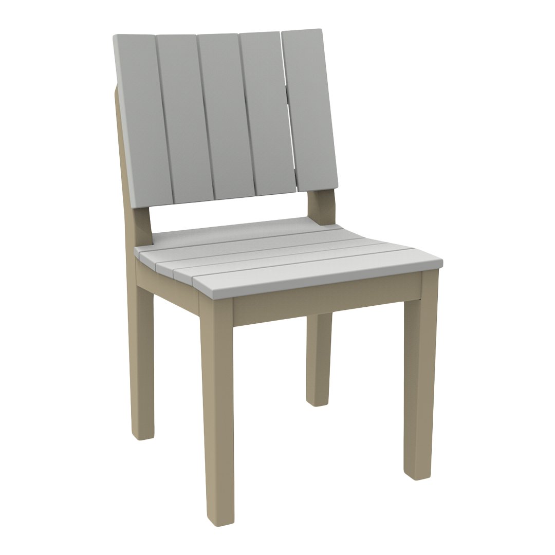 Gray slatted outdoor chair with beige legs, featuring a modern, minimalist design. Ideal for patio or garden use.