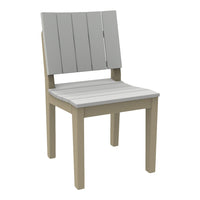 Gray slatted outdoor chair with beige legs, featuring a modern, minimalist design. Ideal for patio or garden use.