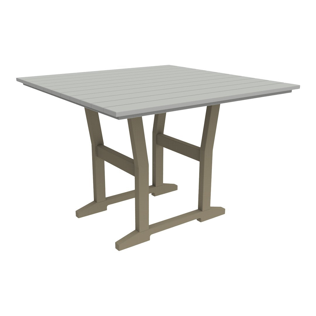 Square outdoor table in light gray with a slatted top and beige legs, perfect for patio settings.