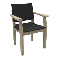 Black slatted seat and backrest on a light beige wooden frame, perfect for modern outdoor style.