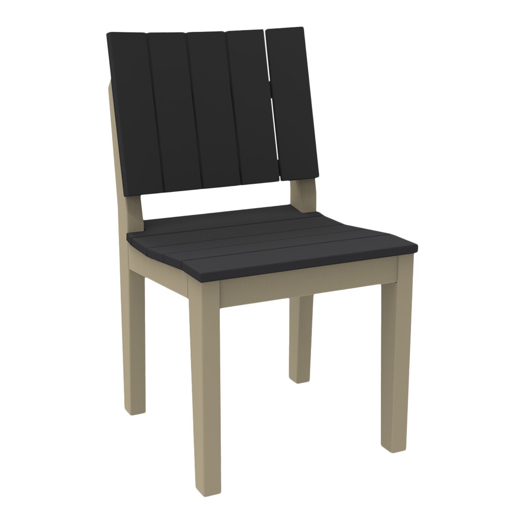 Black slatted back and seat with a beige wooden frame, showcasing a modern and minimalist design.