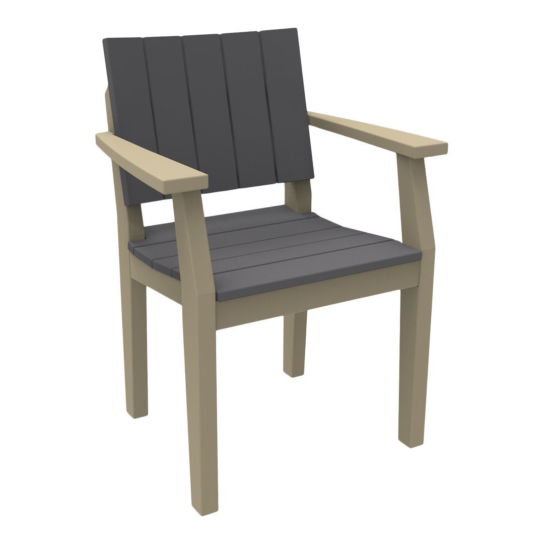 Gray slatted seat and backrest with light beige wooden frame, ideal for outdoor seating.