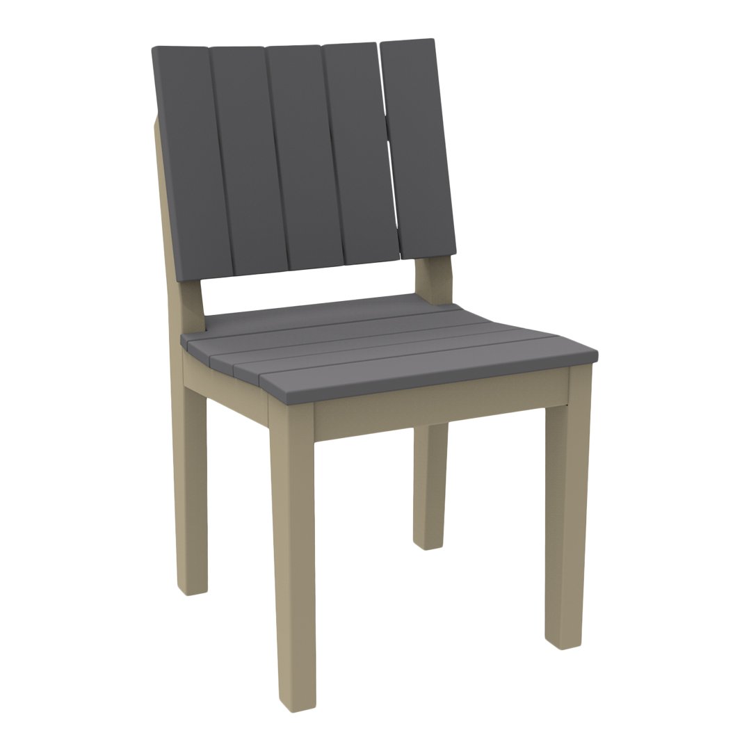 Gray slatted back and seat on a beige frame outdoor chair, featuring a modern, minimalist design.