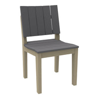 Gray slatted back and seat on a beige frame outdoor chair, featuring a modern, minimalist design.