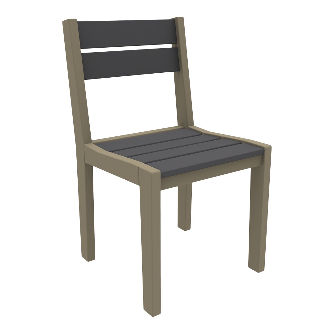 Stylish chair with a dark gray slatted seat and backrest, complemented by a light beige frame.