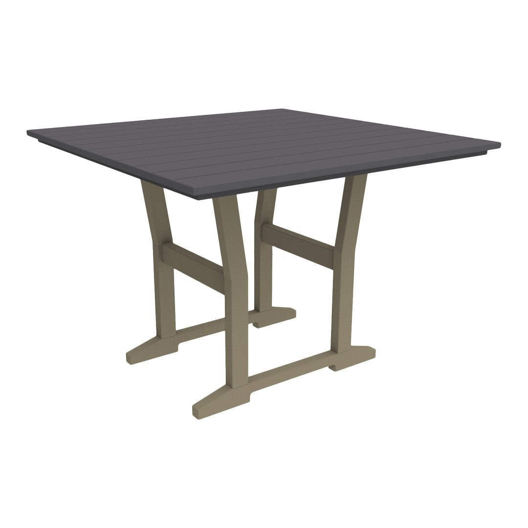 Square outdoor table featuring a solid gray top and beige legs for a modern, stylish look. Perfect for patios.