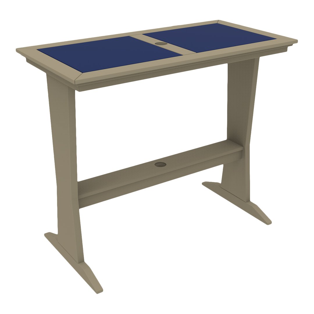 "Light beige table with navy blue rectangular panels, featuring a sleek modern design and sturdy legs."