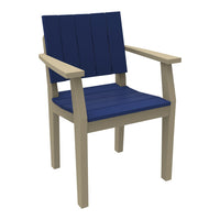 Blue slatted seat and backrest with light beige wooden frame, perfect for outdoor or patio use.