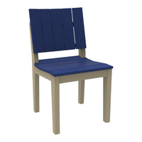Navy blue slatted chair with beige legs, perfect for modern outdoor or indoor decor.