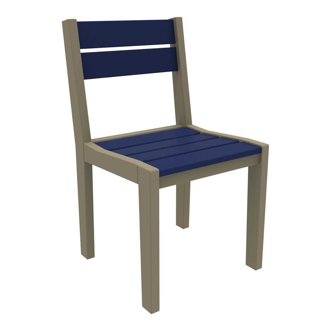 Navy blue slatted chair with a light beige frame, featuring a minimalist design and contemporary colors.