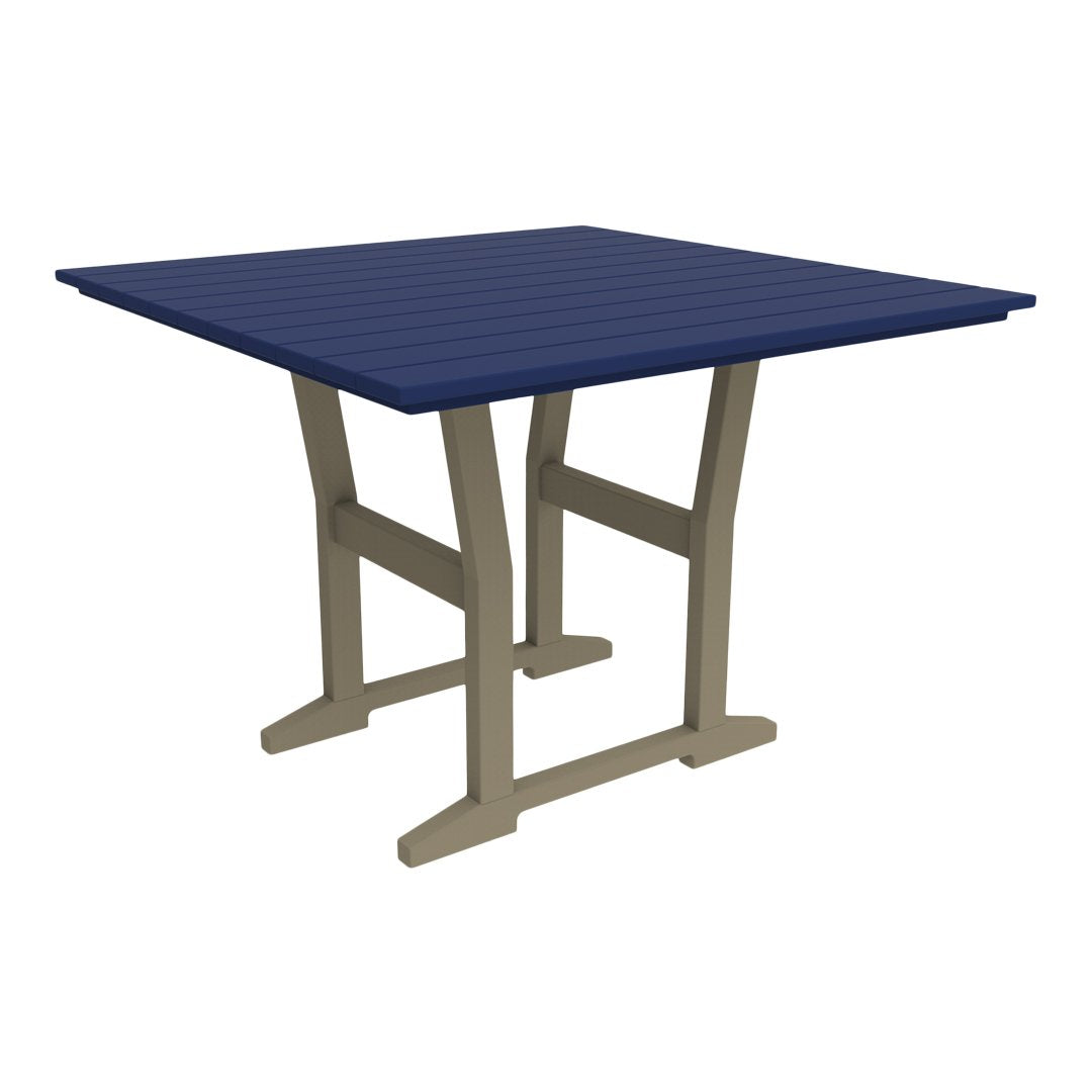 Navy blue slatted tabletop with a light beige base, perfect for outdoor dining.