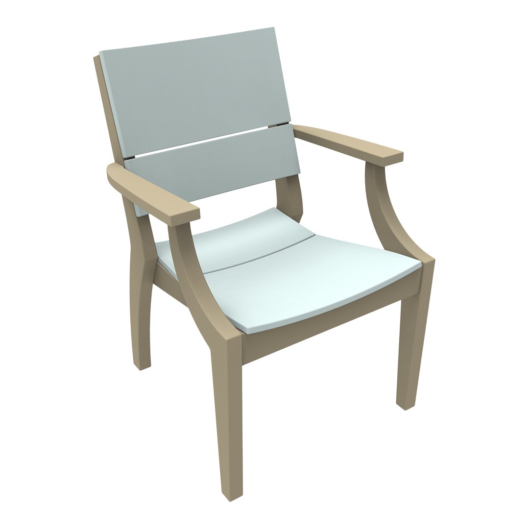 Light gray chair with a simple design and beige wooden arms, featuring a smooth, solid color pattern.
