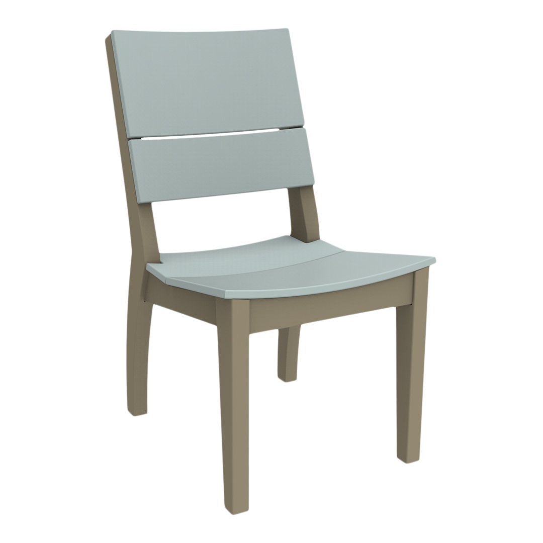 Gray and taupe wooden chair with a sleek design and minimalistic pattern. Perfect for modern decor.