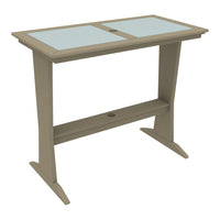 Light taupe outdoor table with a smooth glass top and minimalist design, featuring clean lines and modern style.