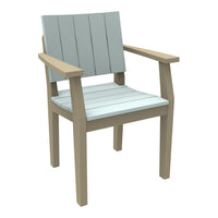 Light gray slatted back and seat with natural wood arms and legs, perfect for outdoor seating.