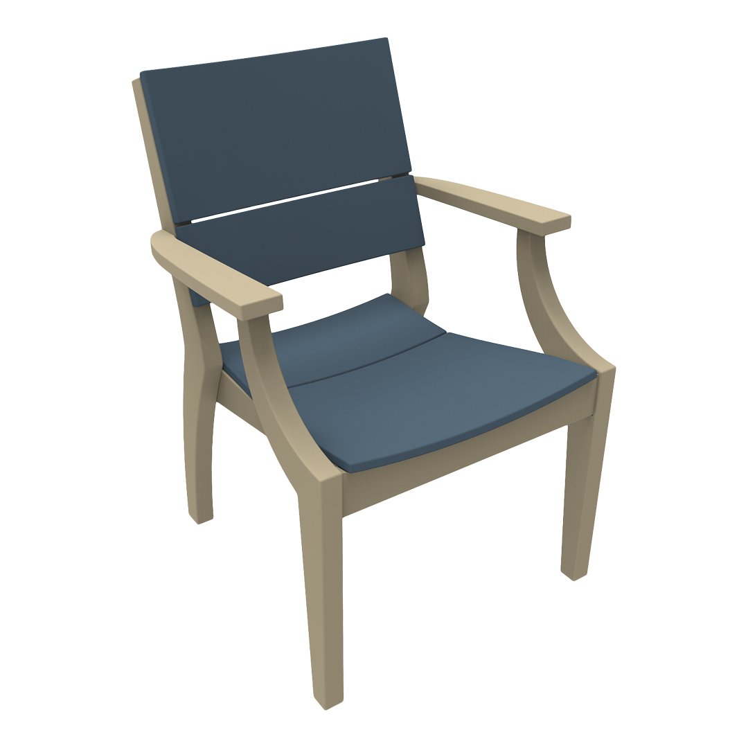 Blue cushion and backrest on a natural wood chair, combining modern and classic design elements.
