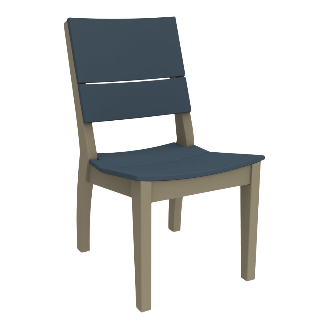 Navy blue and light beige wooden chair with a sleek, modern design and minimalistic slatted backrest.