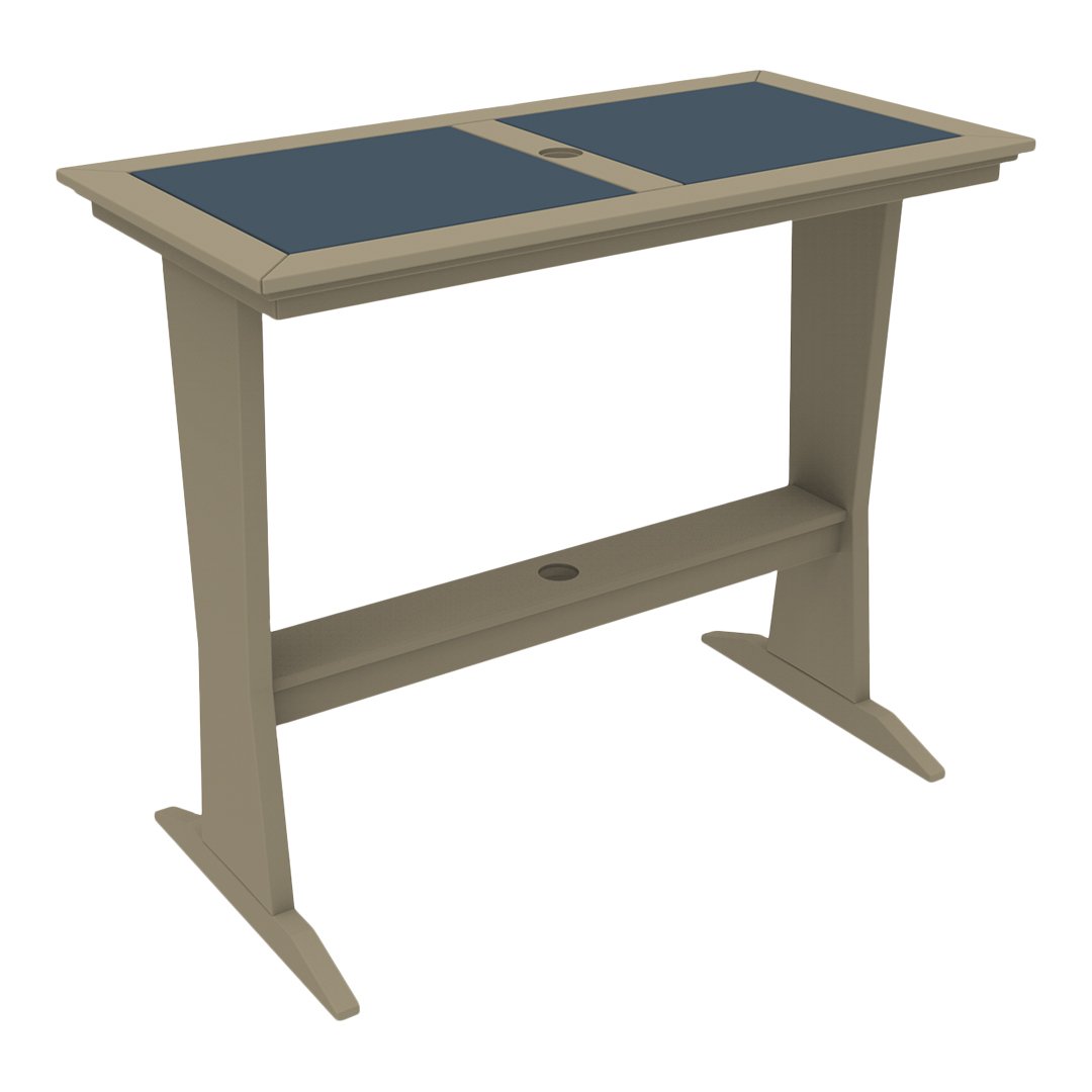 Light taupe outdoor table with dark blue rectangular top and clean, modern lines. Perfect for patio settings.