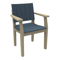 Navy blue slatted seat and backrest with light wood frame, offering a modern, stylish outdoor chair design.