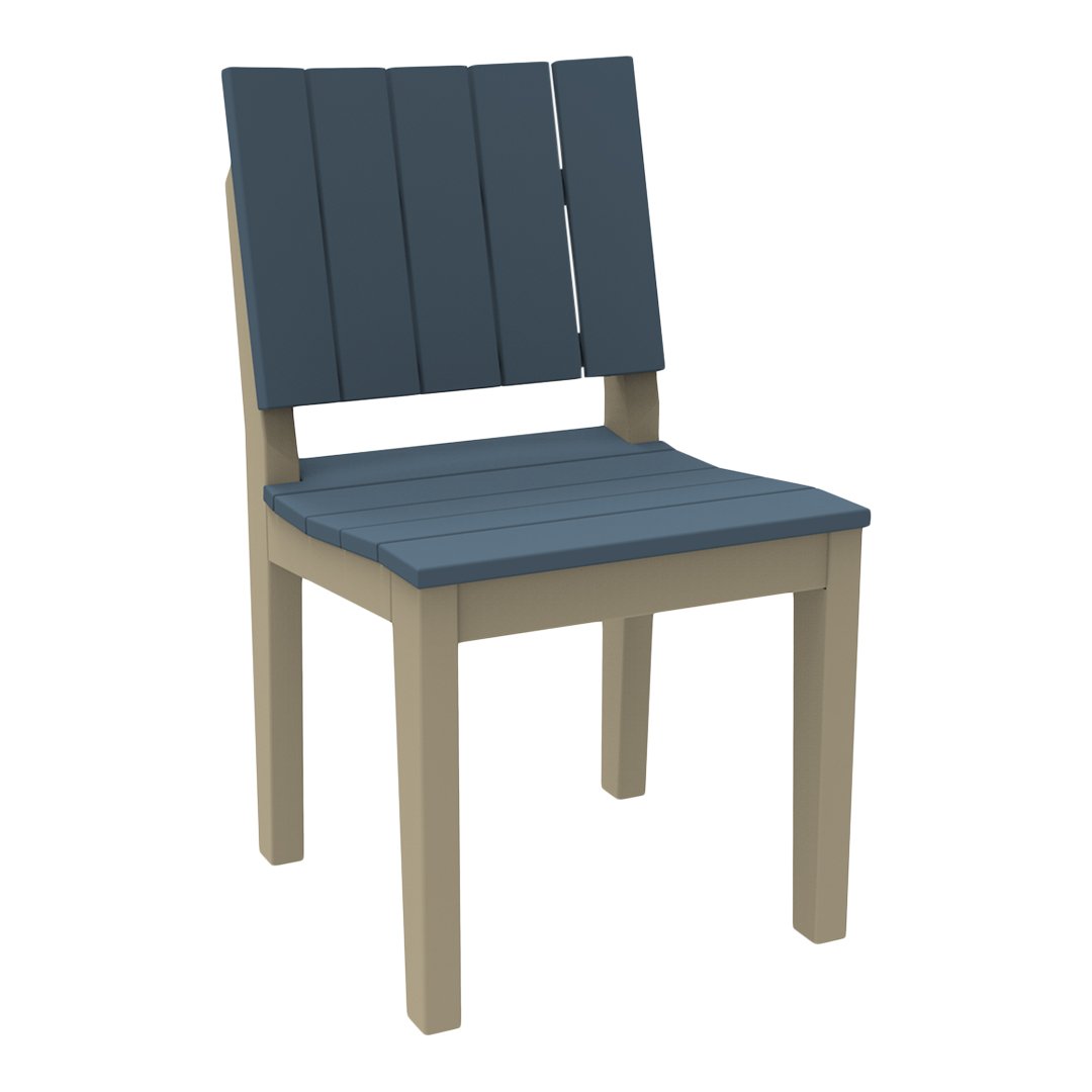 Blue slatted chair with a light beige frame, showcasing a modern two-tone design. Ideal for contemporary spaces.