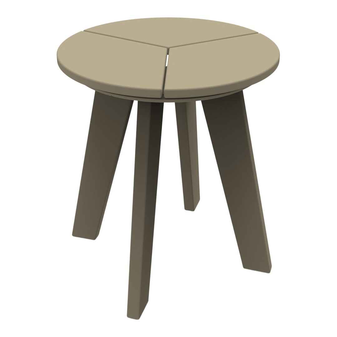 Round, taupe outdoor stool with a minimalist design and three sturdy legs. Perfect for adding subtle elegance to any space.