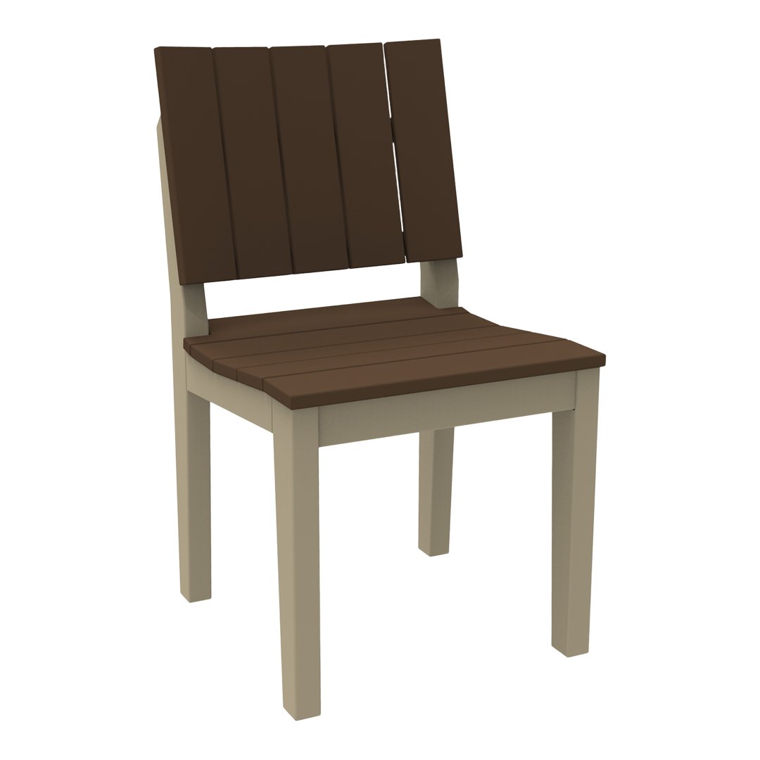 Brown slatted back and seat combined with a light beige frame, perfect for modern outdoor decor.