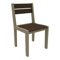 Brown and tan wooden chair with slatted seat and backrest, featuring a modern, minimalist design.