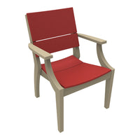 Red cushion and backrest with a light beige wooden frame. Stylish and modern design perfect for any outdoor space.