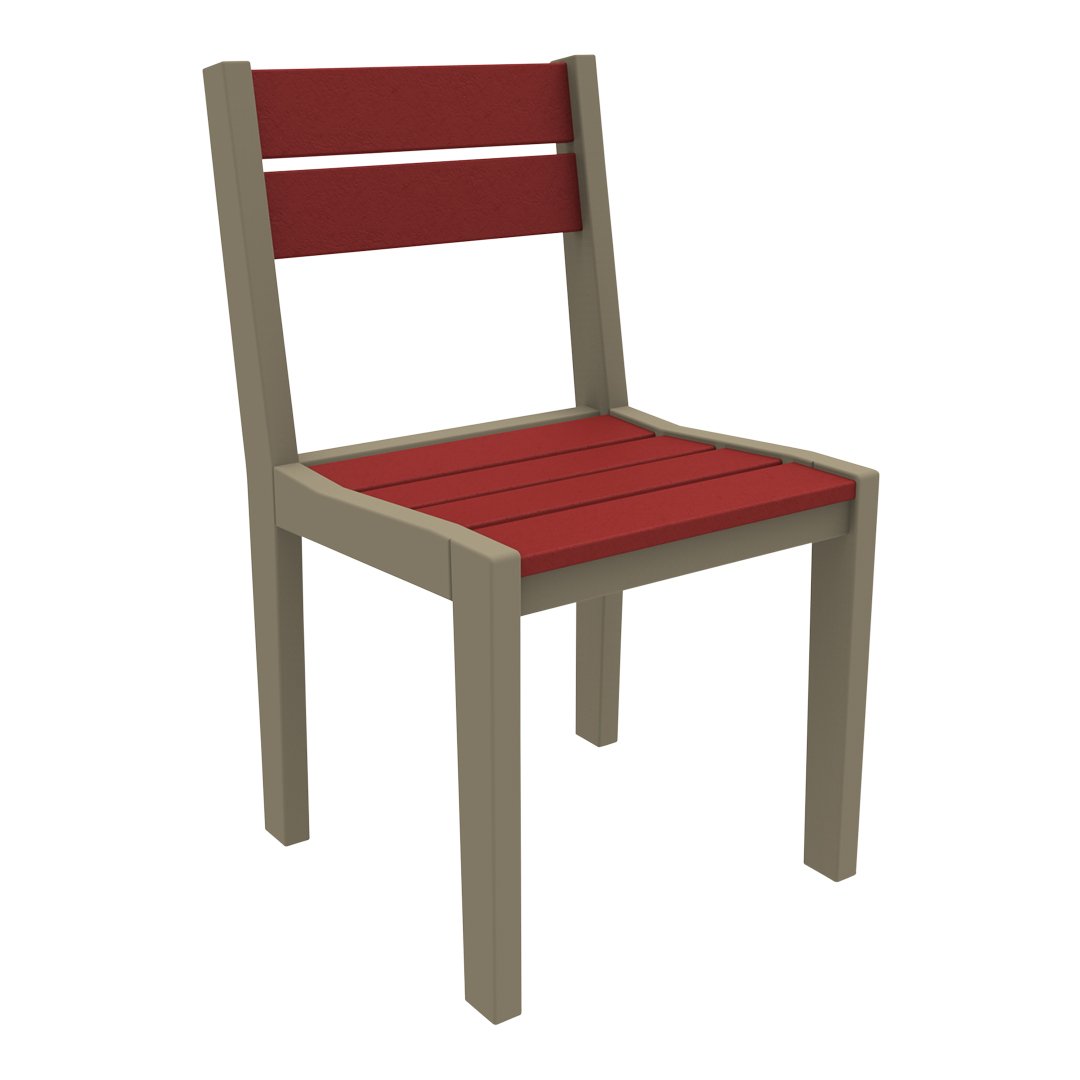 Red slatted seat and backrest with light gray wooden frame, perfect for modern outdoor decor.