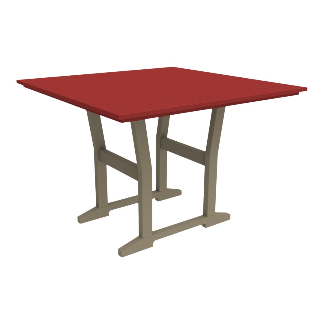 Red square table with a sleek beige base, perfect for modern indoor or outdoor settings.