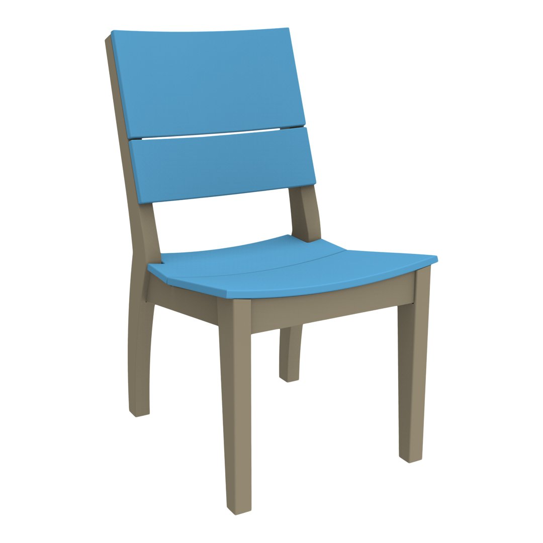 Blue seat and backrest with a natural wood frame. Sleek design and modern color combination for stylish decor.