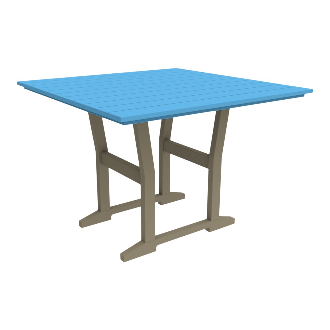 Square outdoor table with a bright blue top and a light tan base, featuring a slatted design.