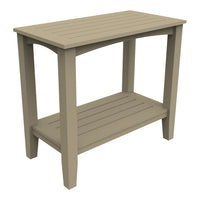 Light taupe outdoor table with slatted design and a lower shelf, ideal for patios and gardens.