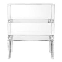 Clear acrylic two-tiered shelving unit with sleek, modern design and transparent finish. Ideal for minimalist decor.