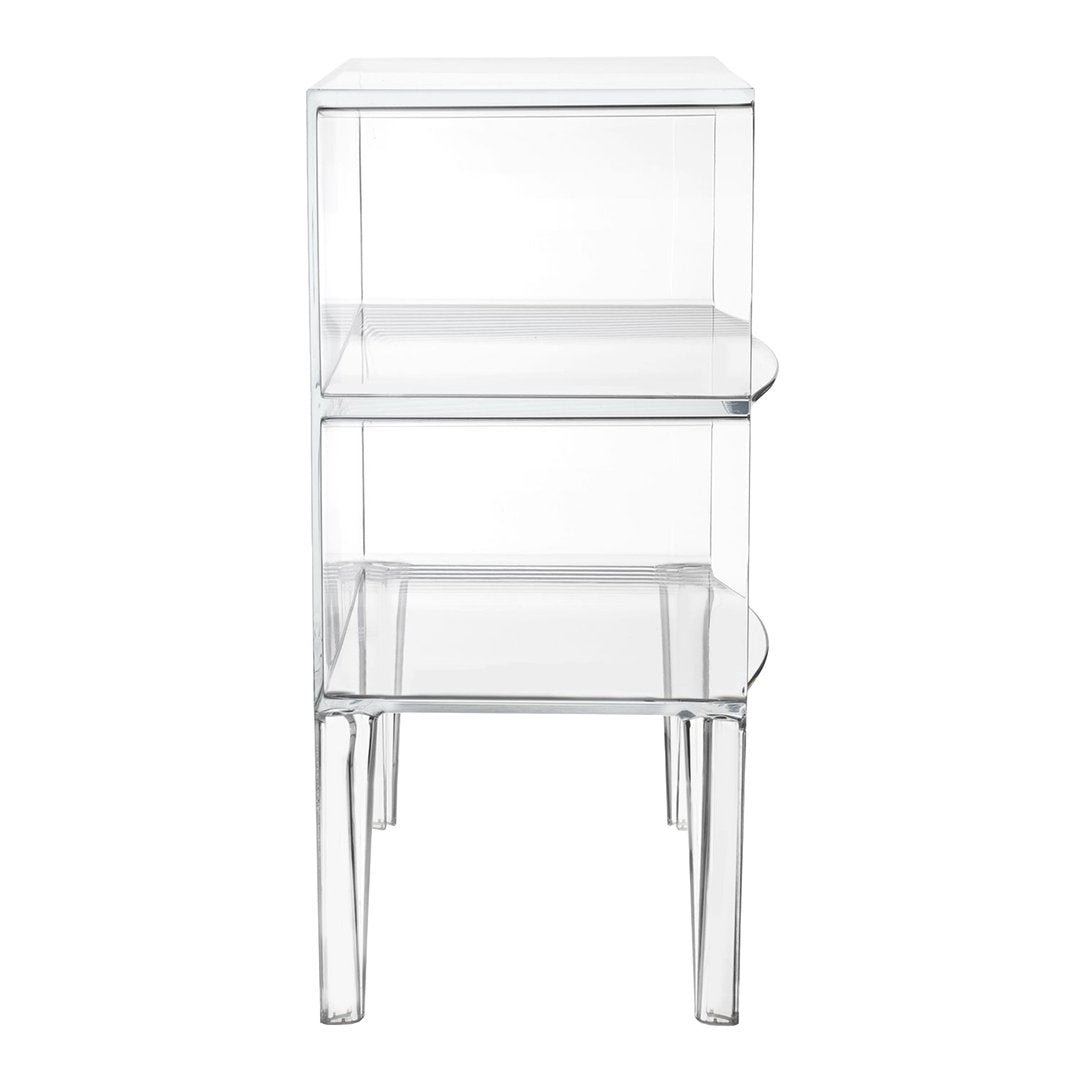 Clear acrylic two-tier shelving unit with a modern design and smooth, transparent finish. Perfect for any decor style.