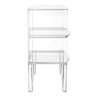 Clear acrylic two-tier shelving unit with a modern design and smooth, transparent finish. Perfect for any decor style.